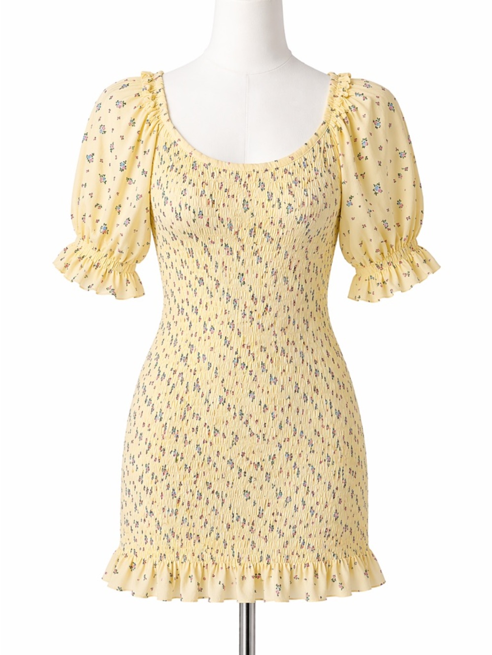 Faithfull the Brand Yellow Floral Smocked Puff-Sleeve Mini Dress